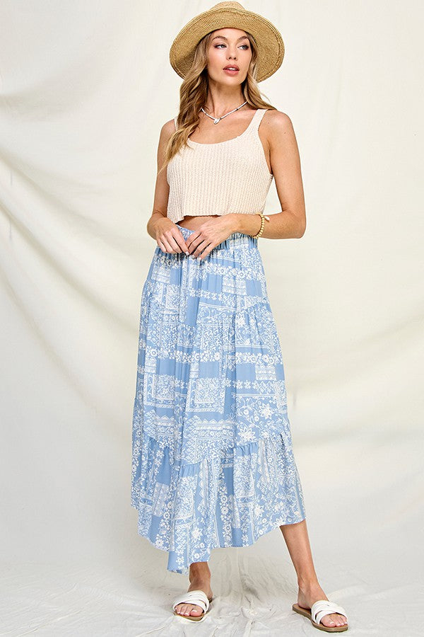 Sophia Printed Tiered Skirt (Blue/White)