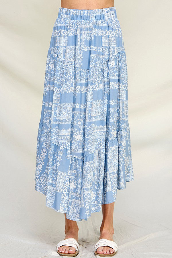 Sophia Printed Tiered Skirt (Blue/White)