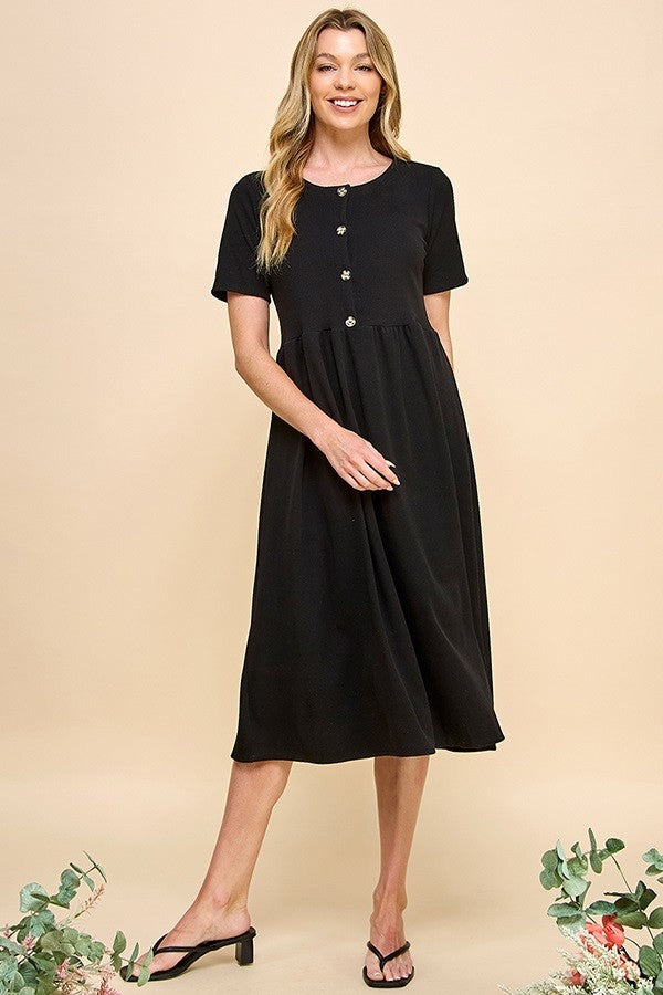 Isla Ribbed Button Dress (Black)