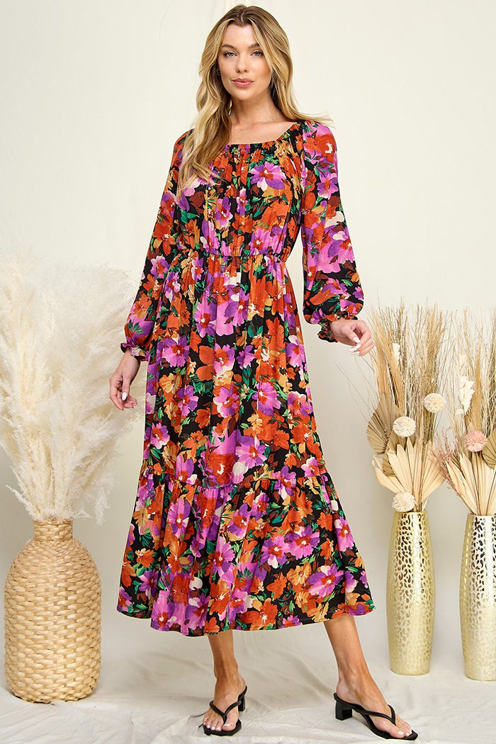 Grace Long Sleeve Floral Dress (Black/Rust)