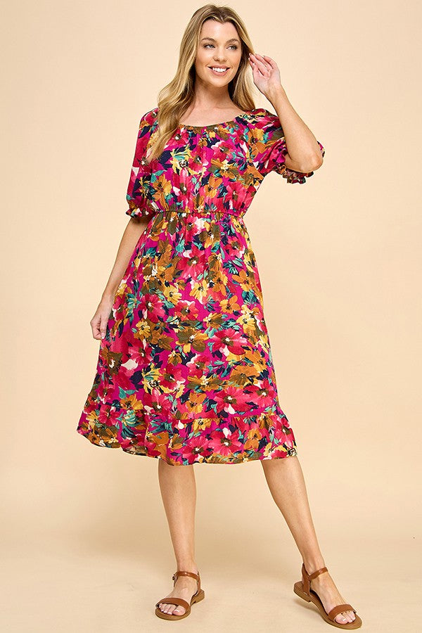 Amelia Floral Lined Dress (Magenta)