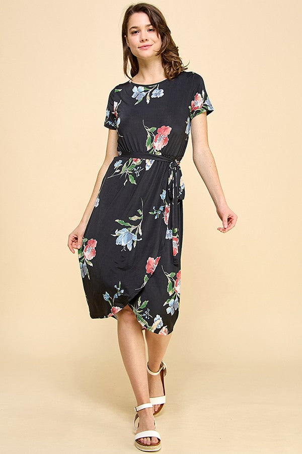 Mia Short Sleeve Floral Dress (Black)