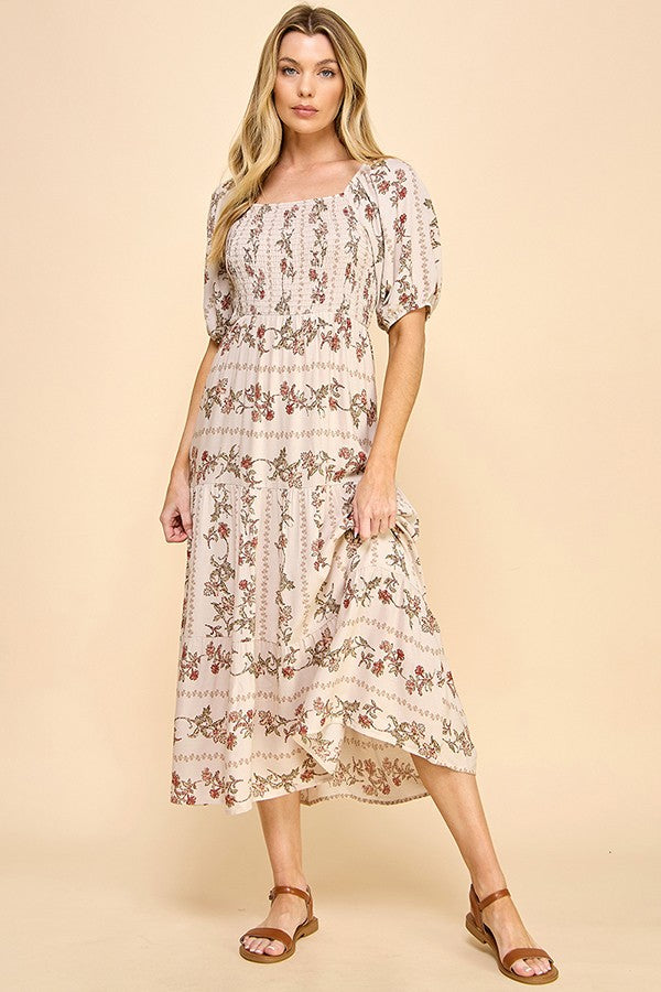 Fiona Short Sleeve Floral Dress (Taupe)