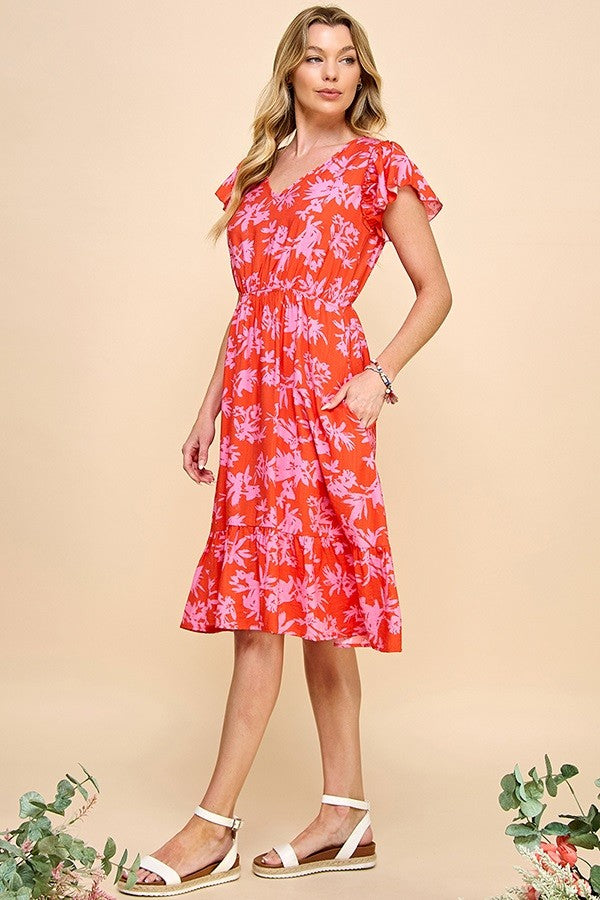 Maya Short Sleeve Floral Dress (Red)