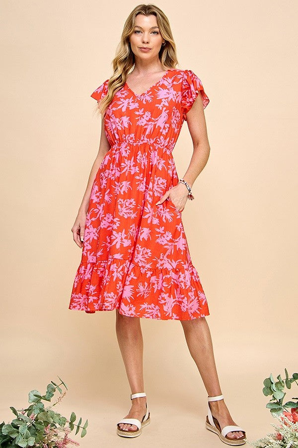 Maya Short Sleeve Floral Dress (Red)