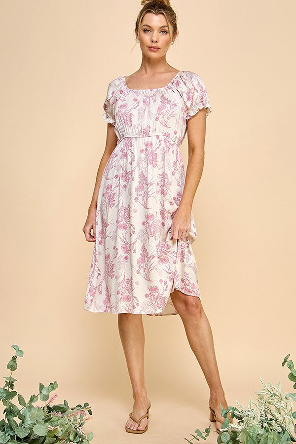 Ava Short Sleeve Printed Dress (Ivory/Pink)