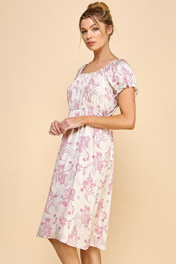 Ava Short Sleeve Printed Dress (Ivory/Pink)