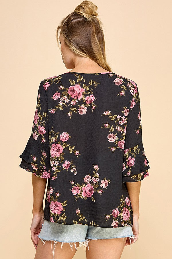 Blossom Elegance Button-Up Top (Black)