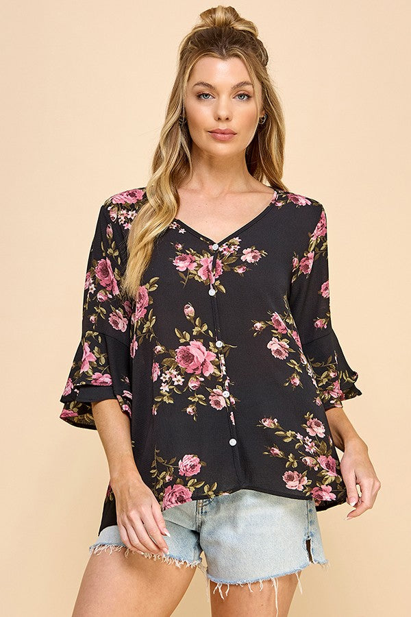 Blossom Elegance Button-Up Top (Black)