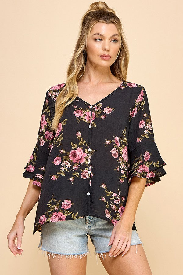 Blossom Elegance Button-Up Top (Black)