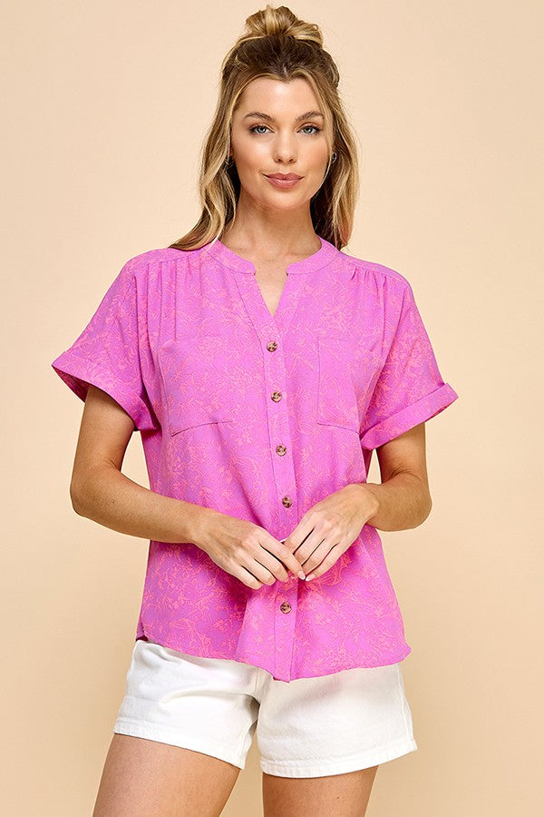 Vibe Chic Buttoned V-Neck Top (Pink)