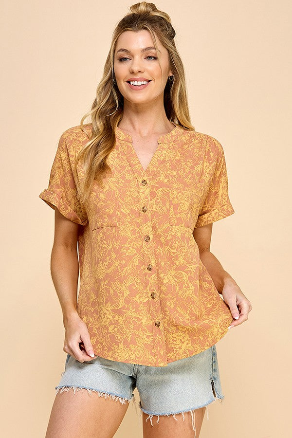 Vibe Chic Buttoned V-Neck Top (Mustard)