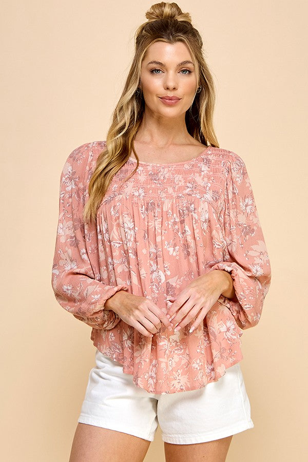 Elegance Embrace Smocked Blouse (Coral Pink)