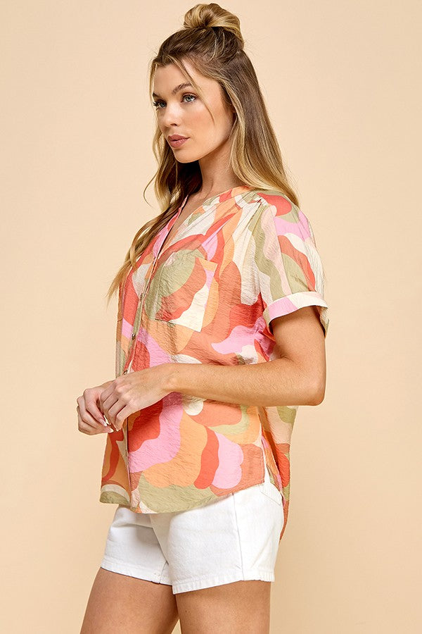 Blossom Breeze Button-Up Top (Coral/Sage)