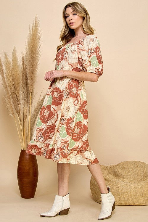 Juliet Floral Lined Dress (Cinnamon/Sage)