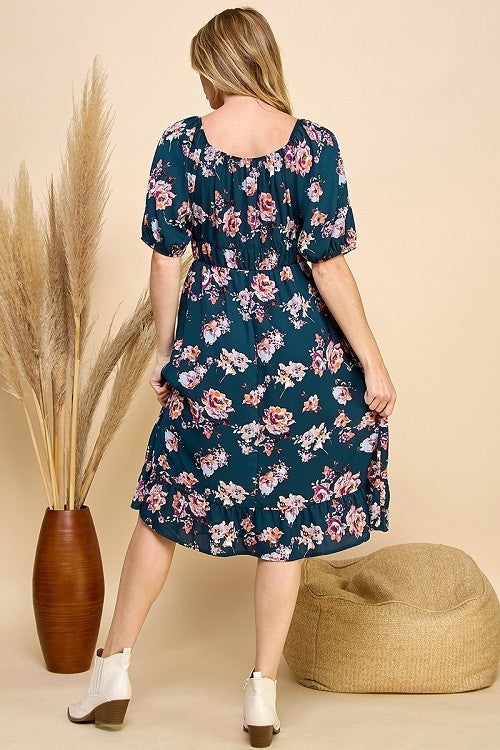 Petal Whisper Ruffle Dress (Teal/Peach)