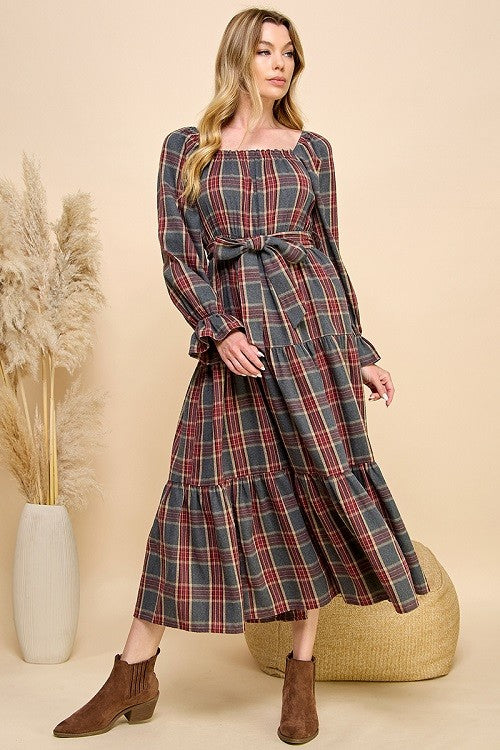 Clara Plaid Long Sleeve Midi Dress (Wine/Grey)