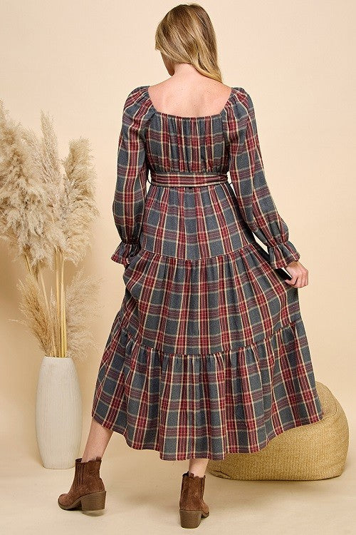 Clara Plaid Long Sleeve Midi Dress (Wine/Grey)