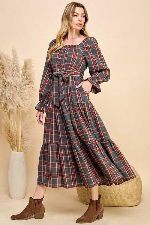 Clara Plaid Long Sleeve Midi Dress (Wine/Grey)