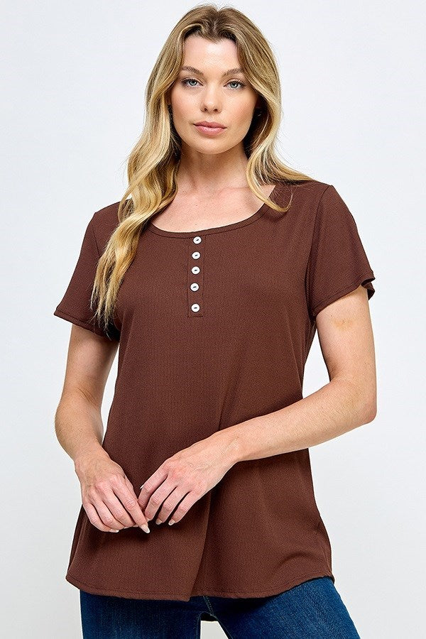 Rowan Ribbed Button Top (Chocolate)