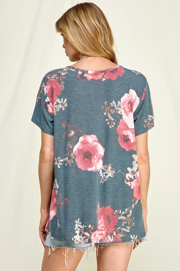 Rosalie Floral Top (Charcoal/Red)